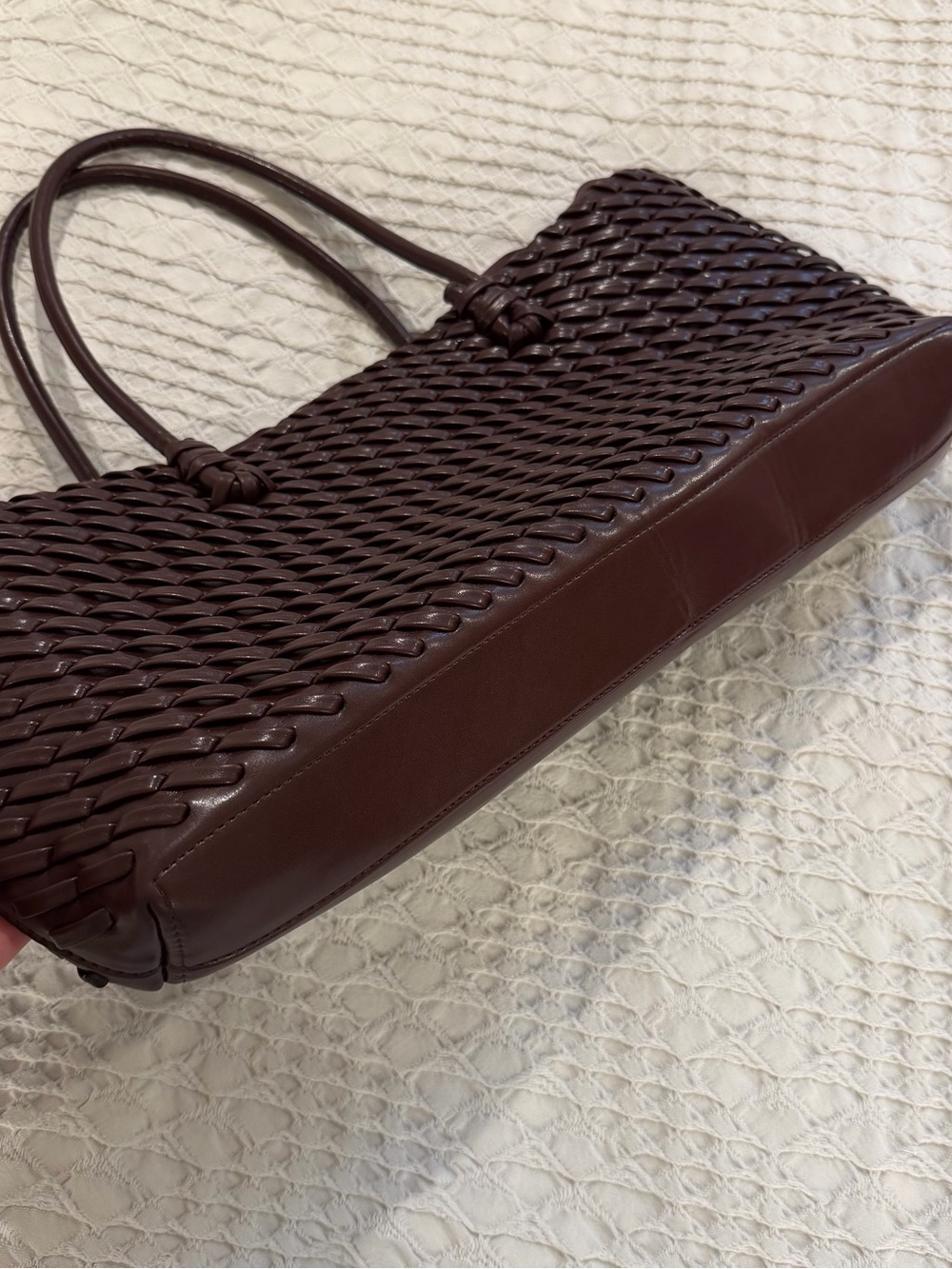 Woven Vegan Leather Shoulder Tote in Deep Burgundy - Picture 8 of 12